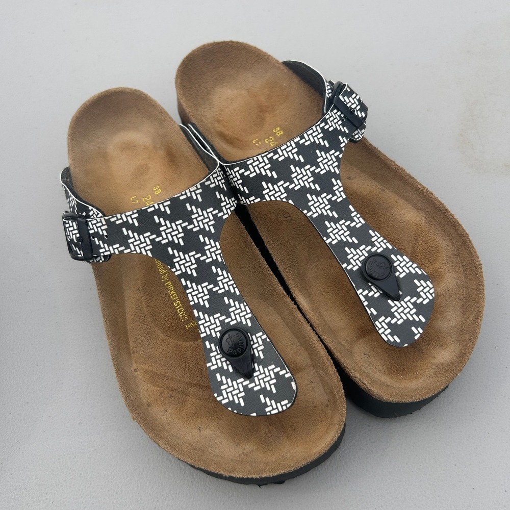 Papillio Birkenstock Gizeh Platform Sandals Black White Geometric Weave 38 L7 M5